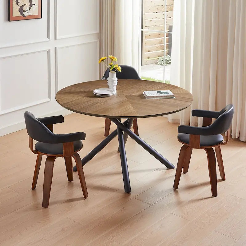 Round MDF Top Dining Table with X-Cross Metal Legs in Black or Walnut