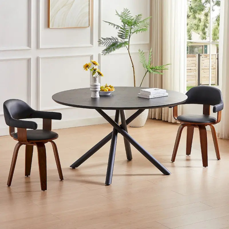 Round MDF Top Dining Table with X-Cross Metal Legs in Black or Walnut
