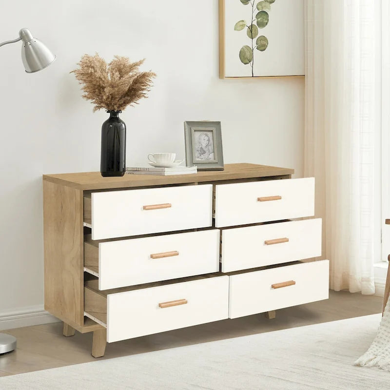 White Oak 6-Drawer Dresser with Solid Wood Frame and Natural Oak Handles