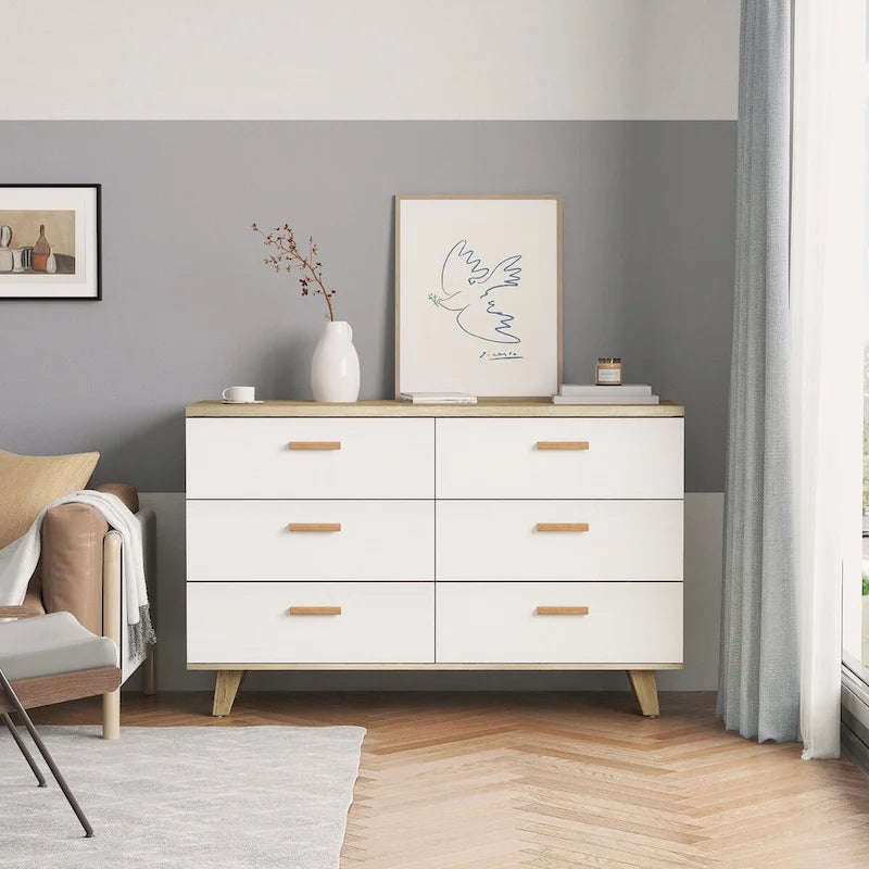 White Oak 6-Drawer Dresser with Solid Wood Frame and Natural Oak Handles