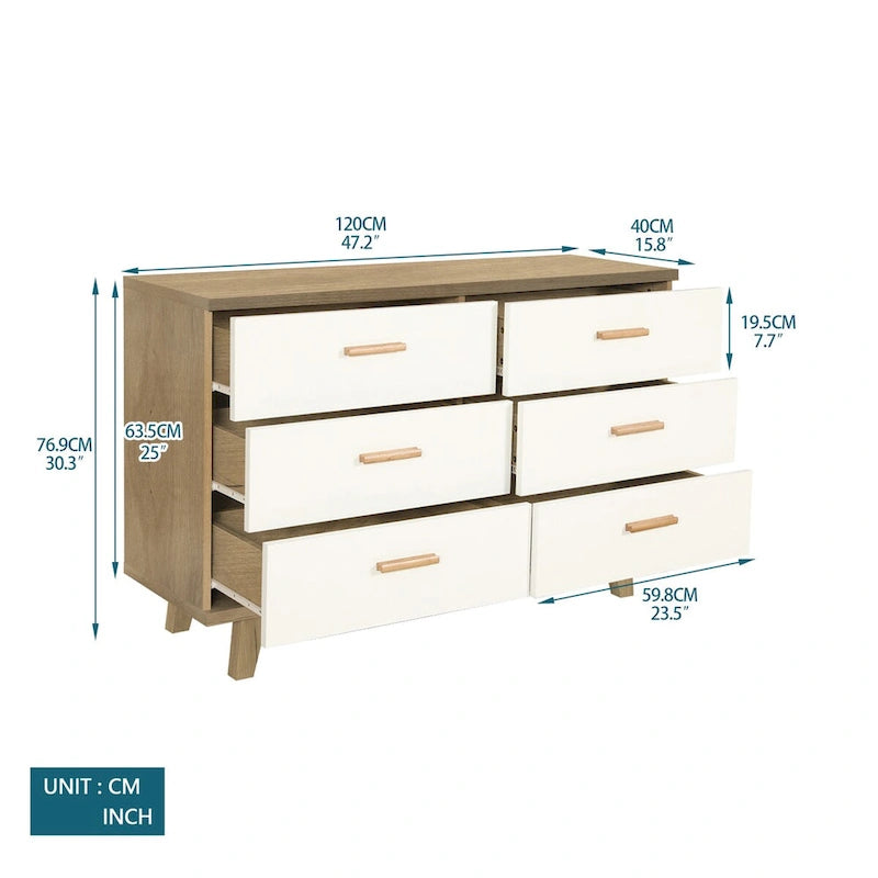 White Oak 6-Drawer Dresser with Solid Wood Frame and Natural Oak Handles