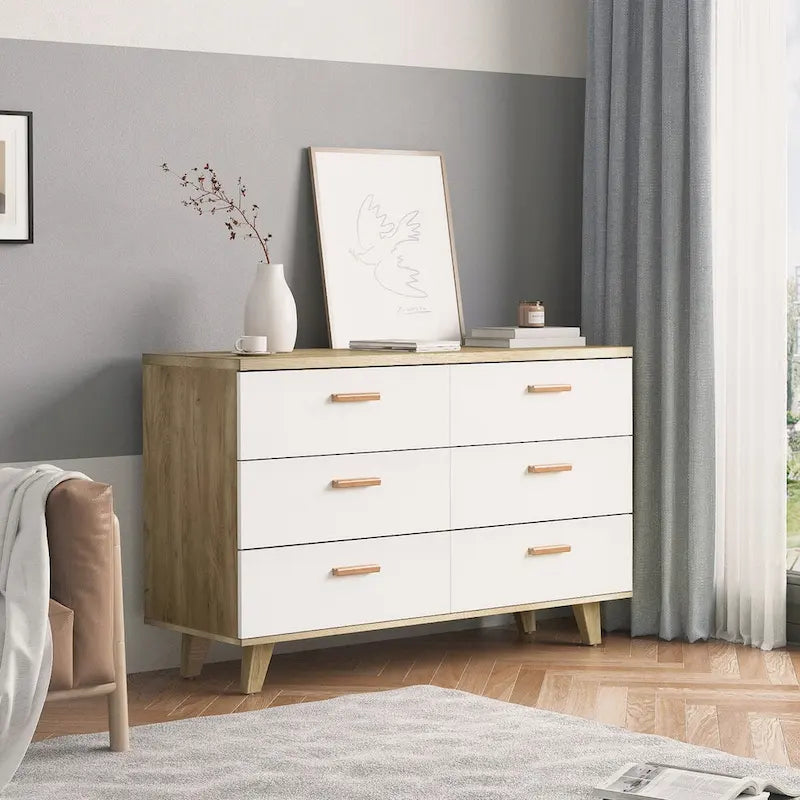 White Oak 6-Drawer Dresser with Solid Wood Frame and Natural Oak Handles