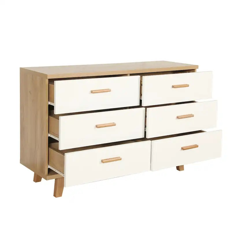 White Oak 6-Drawer Dresser with Solid Wood Frame and Natural Oak Handles