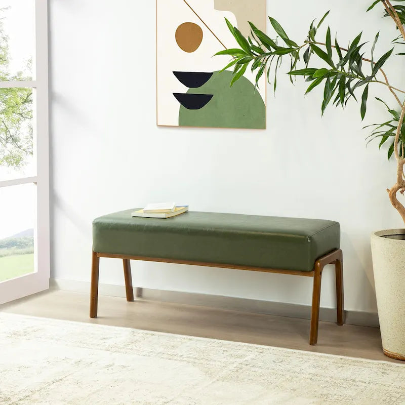 Green Leatherette Upholstered Bench with Flared Rubberwood Legs