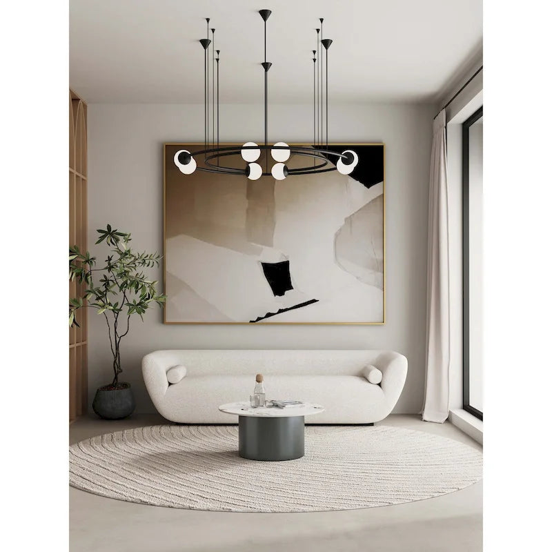 Round Sintered Stone Top Coffee Table with Black Metal Cylinder Base