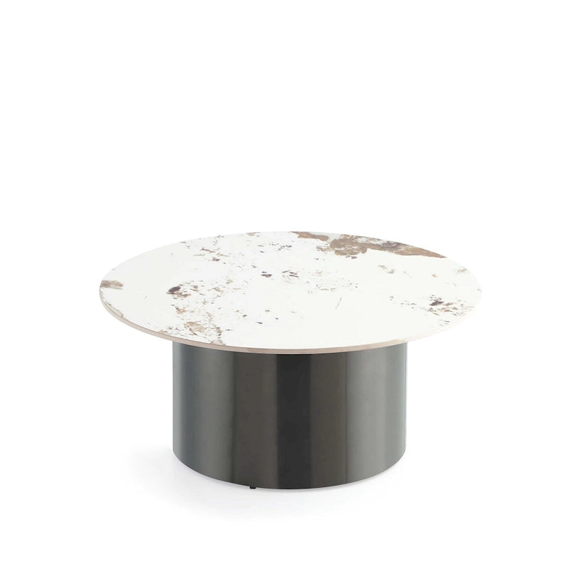 Round Sintered Stone Top Coffee Table with Black Metal Cylinder Base