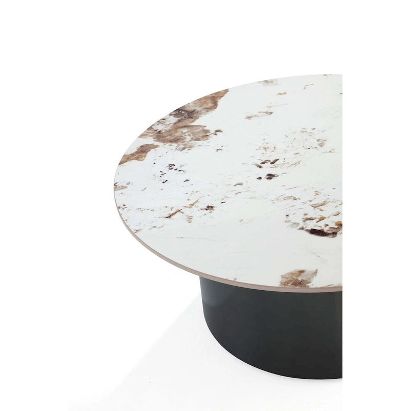 Round Sintered Stone Top Coffee Table with Black Metal Cylinder Base