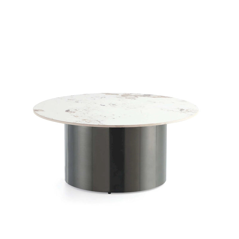 Round Sintered Stone Top Coffee Table with Black Metal Cylinder Base