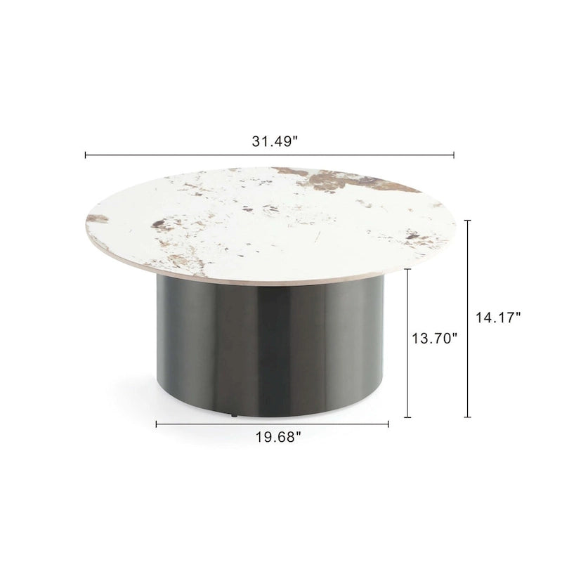 Round Sintered Stone Top Coffee Table with Black Metal Cylinder Base