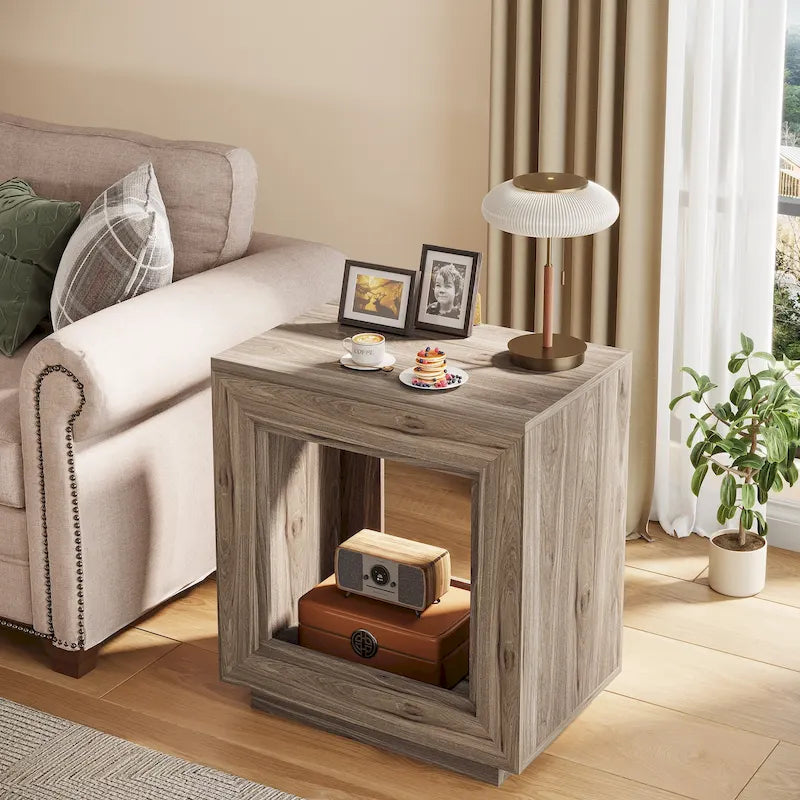 Rectangular Hollow Open Cube MDF Side Table with Wood Grain Finish