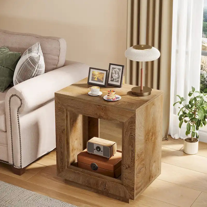 Rectangular Hollow Open Cube MDF Side Table with Wood Grain Finish