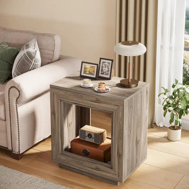 Rectangular Hollow Open Cube MDF Side Table with Wood Grain Finish
