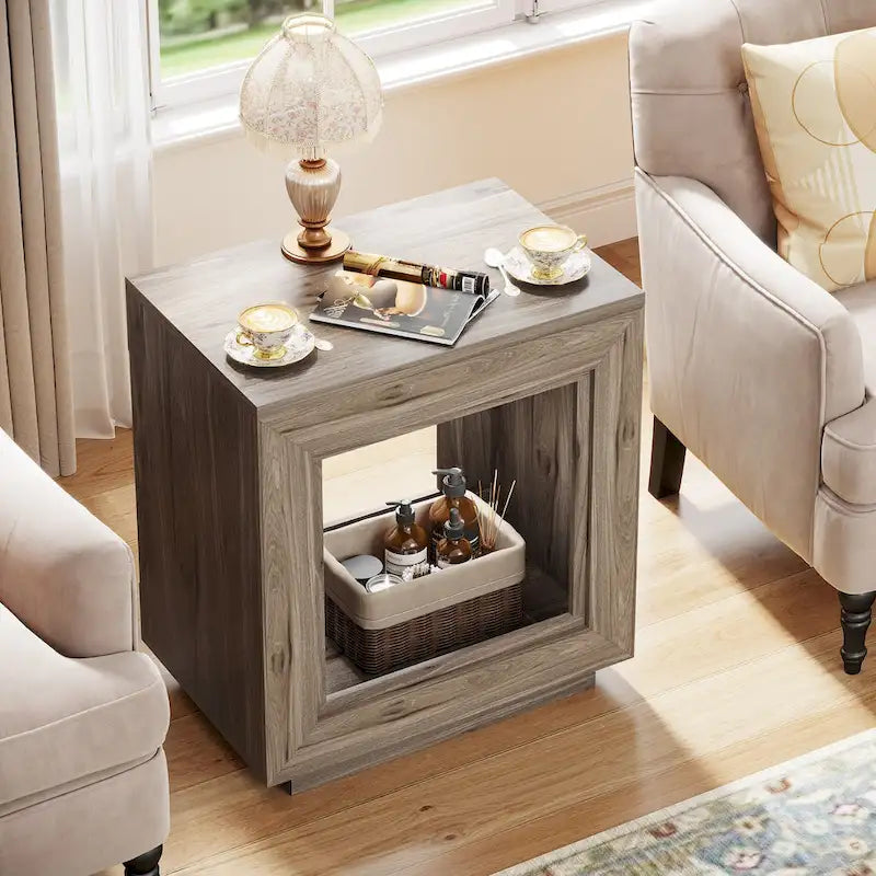 Rectangular Hollow Open Cube MDF Side Table with Wood Grain Finish