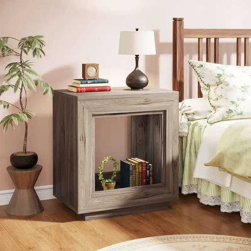 Rectangular Hollow Open Cube MDF Side Table with Wood Grain Finish