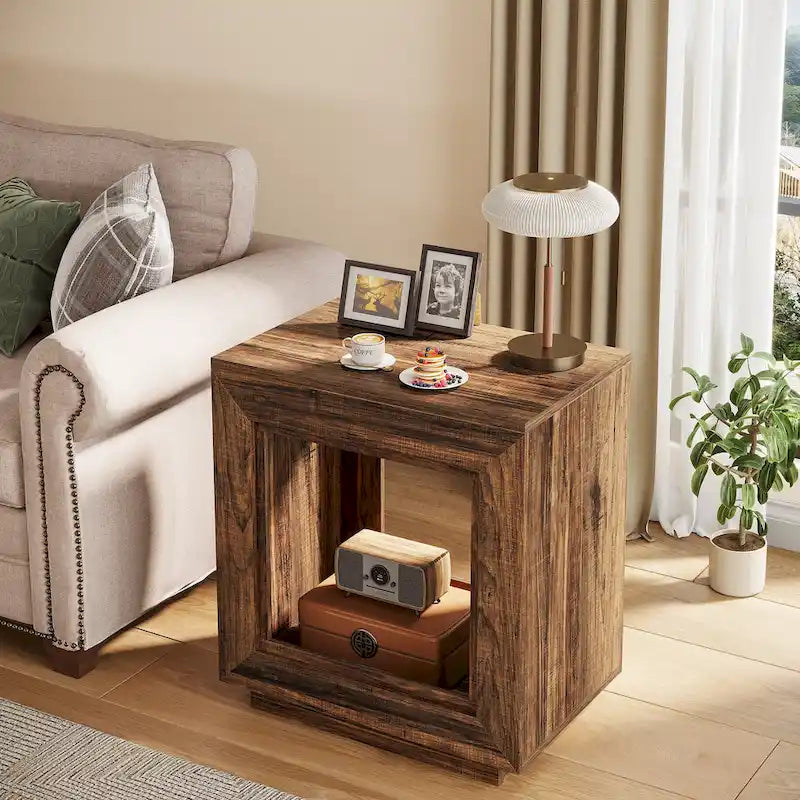 Rectangular Hollow Open Cube MDF Side Table with Wood Grain Finish