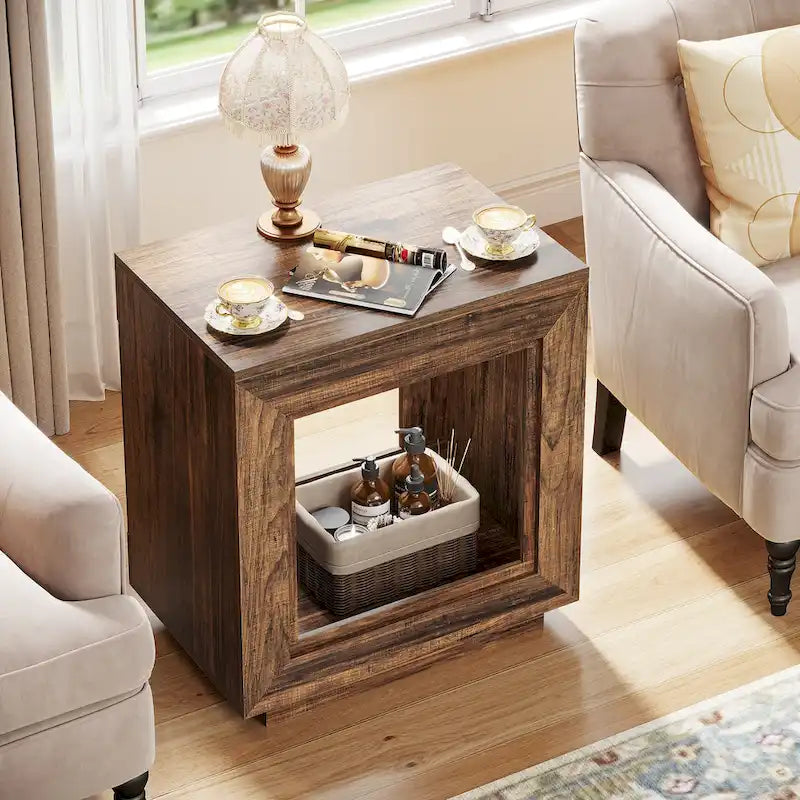 Rectangular Hollow Open Cube MDF Side Table with Wood Grain Finish