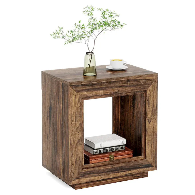Rectangular Hollow Open Cube MDF Side Table with Wood Grain Finish