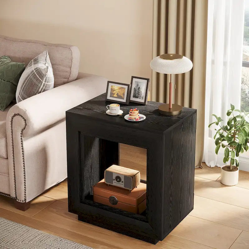 Rectangular Hollow Open Cube MDF Side Table with Wood Grain Finish