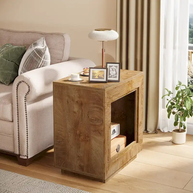 Rectangular Hollow Open Cube MDF Side Table with Wood Grain Finish