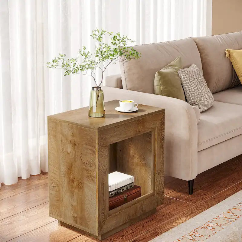 Rectangular Hollow Open Cube MDF Side Table with Wood Grain Finish