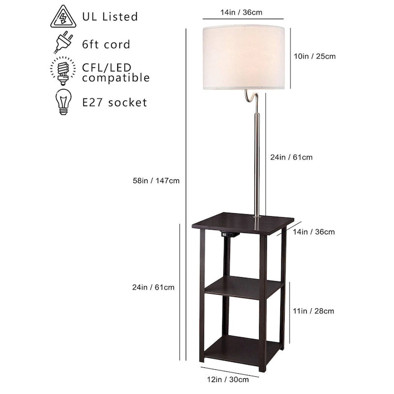 Lampa podłogowa z 2-poziomowymi półkami stolika bocznego i stacją ładowania USB, espresso