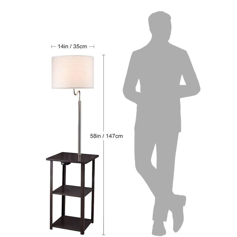 Floor Lamp with 2-Tier Side Table Shelves and USB Charging Station, Espresso