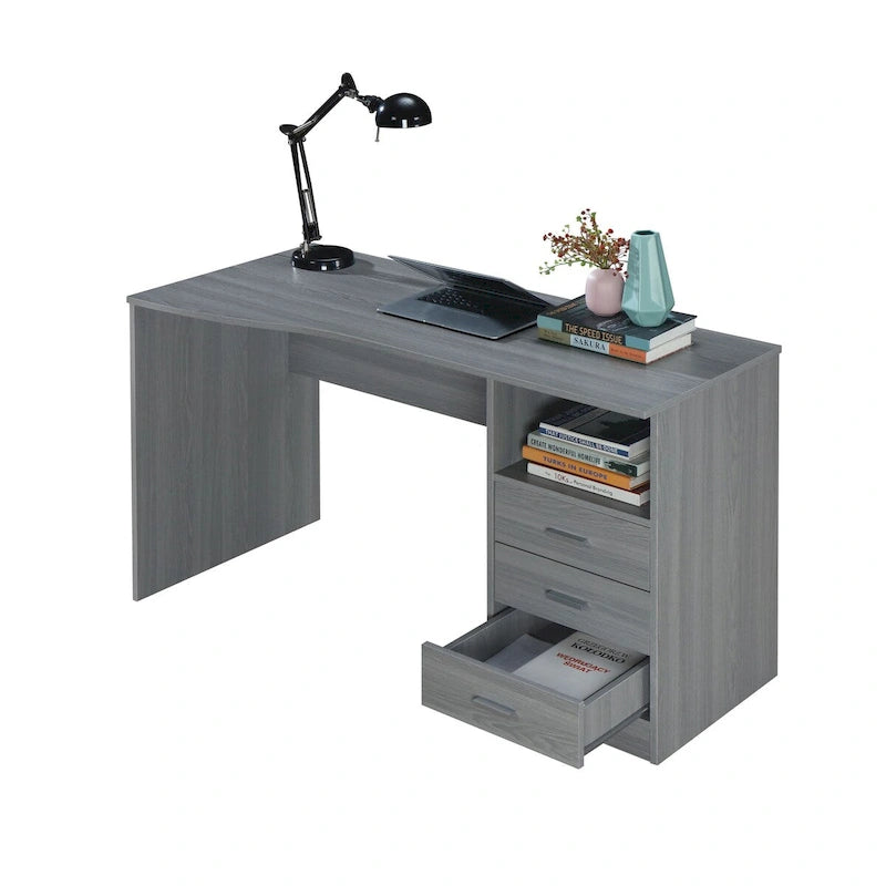 Grey 3-Drawer Home Office Computer Desk with Side Storage Shelf