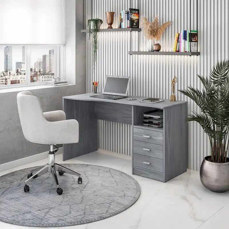 Grey 3-Drawer Home Office Computer Desk with Side Storage Shelf