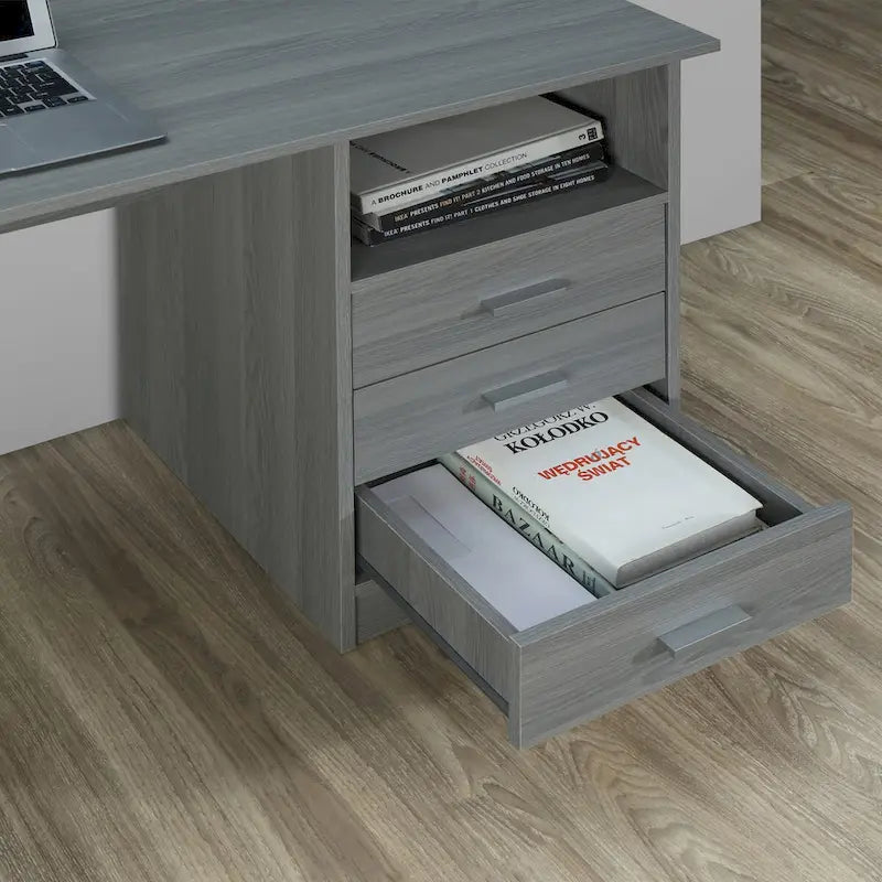 Grey 3-Drawer Home Office Computer Desk with Side Storage Shelf