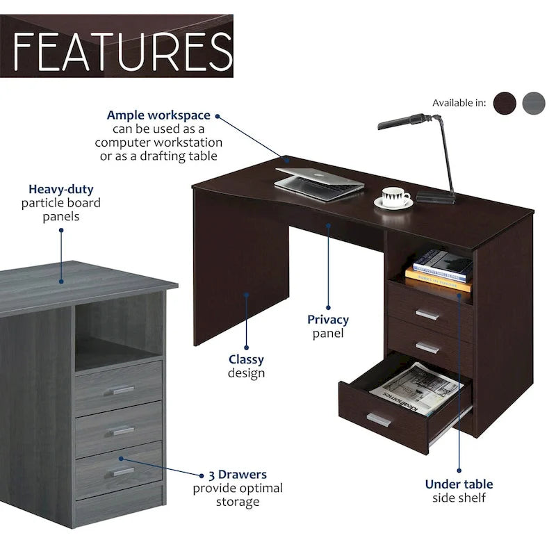 Grey 3-Drawer Home Office Computer Desk with Side Storage Shelf