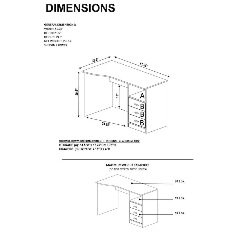 Grey 3-Drawer Home Office Computer Desk with Side Storage Shelf