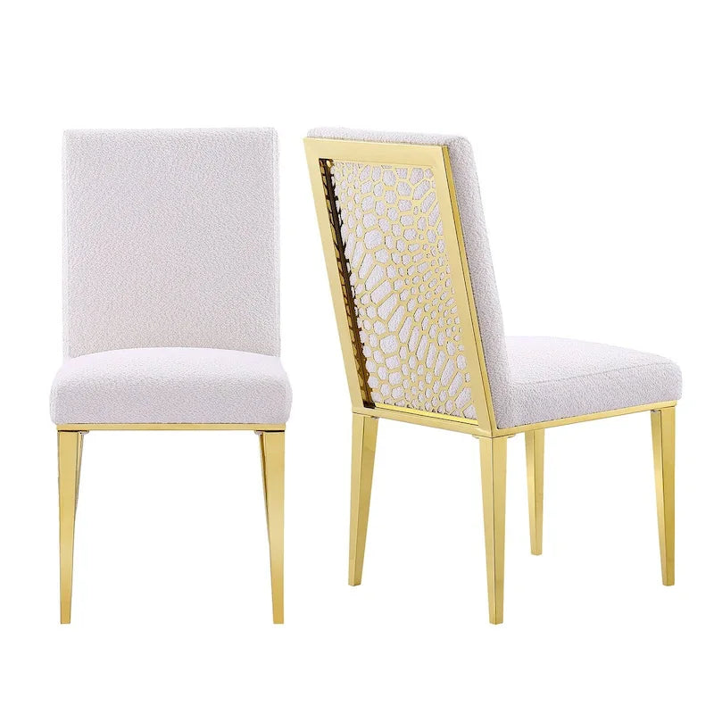 Upholstered Boucle Dining Chair with Geometric Gold Metal Legs