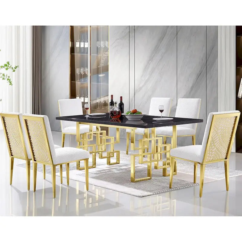 Upholstered Boucle Dining Chair with Geometric Gold Metal Legs