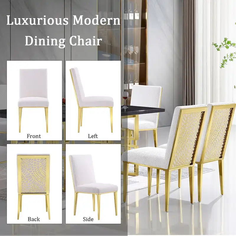 Upholstered Boucle Dining Chair with Geometric Gold Metal Legs