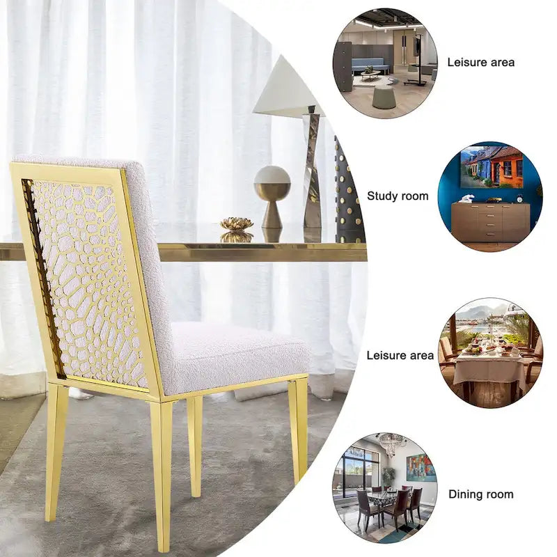 Upholstered Boucle Dining Chair with Geometric Gold Metal Legs