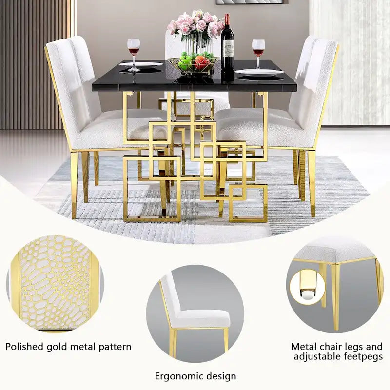 Upholstered Boucle Dining Chair with Geometric Gold Metal Legs