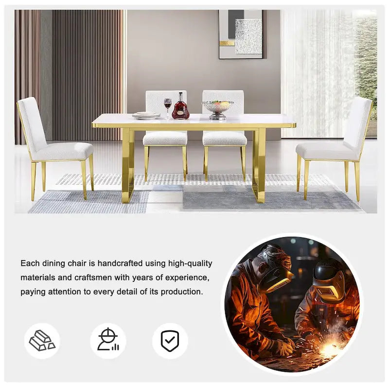 Upholstered Boucle Dining Chair with Geometric Gold Metal Legs