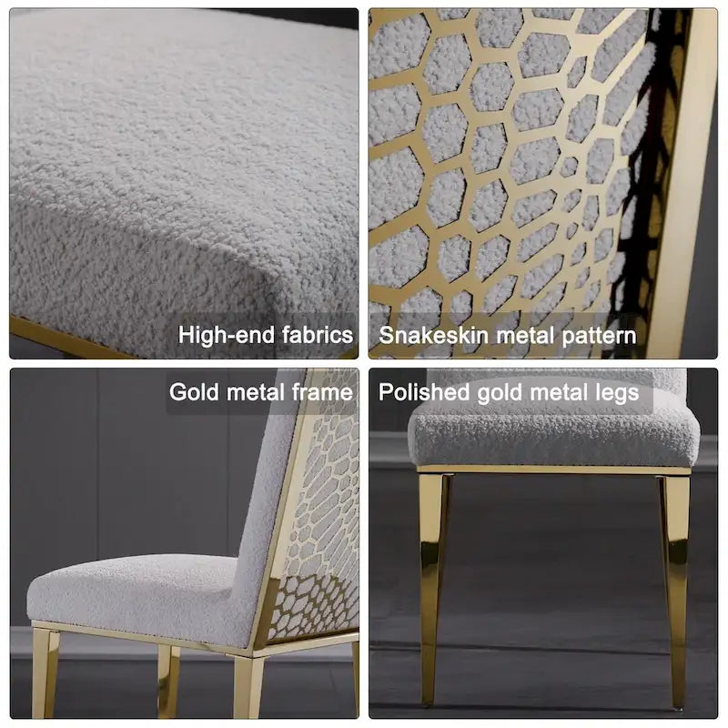 Upholstered Boucle Dining Chair with Geometric Gold Metal Legs