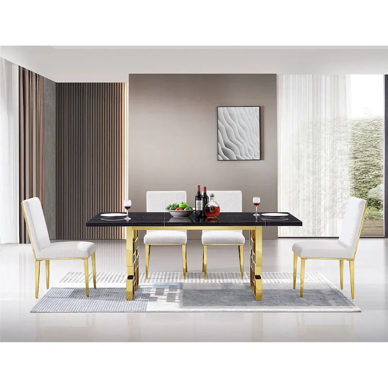 Upholstered Boucle Dining Chair with Geometric Gold Metal Legs