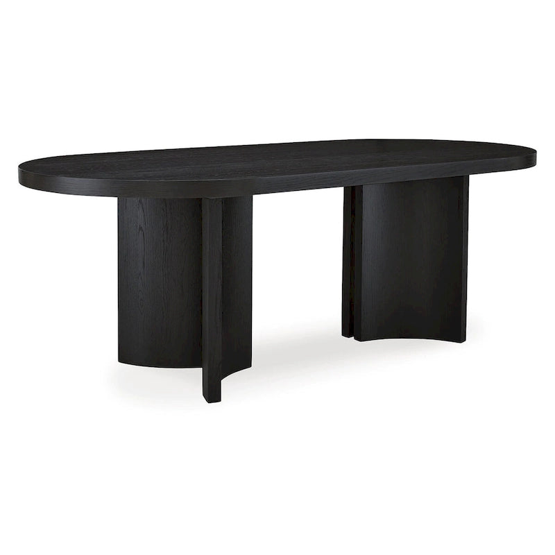 Ovale zwarte eettafel met voet in art-decostijl, geschikt voor 8 personen