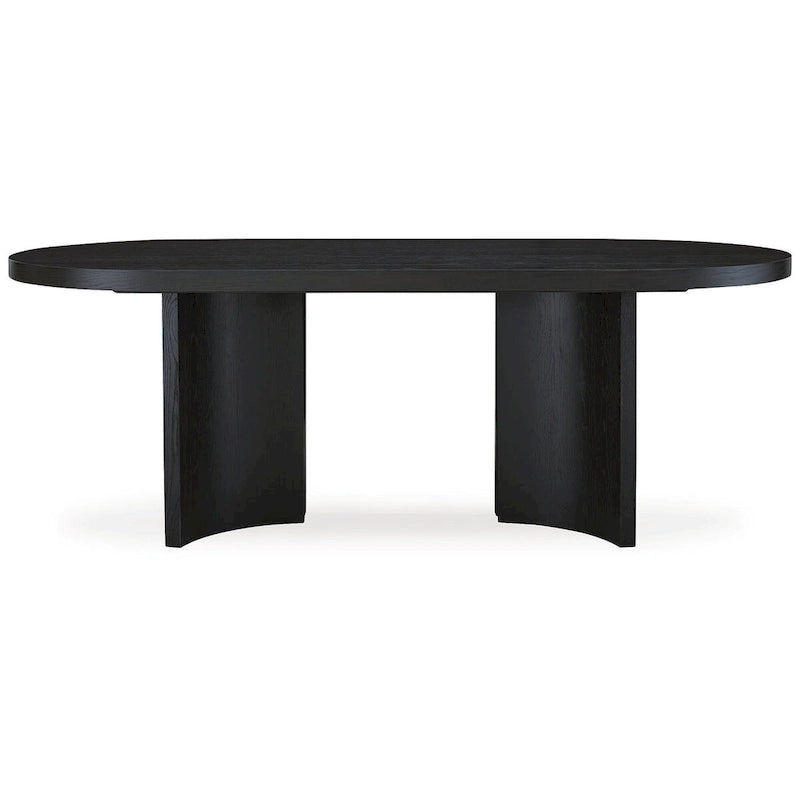 Ovale zwarte eettafel met voet in art-decostijl, geschikt voor 8 personen