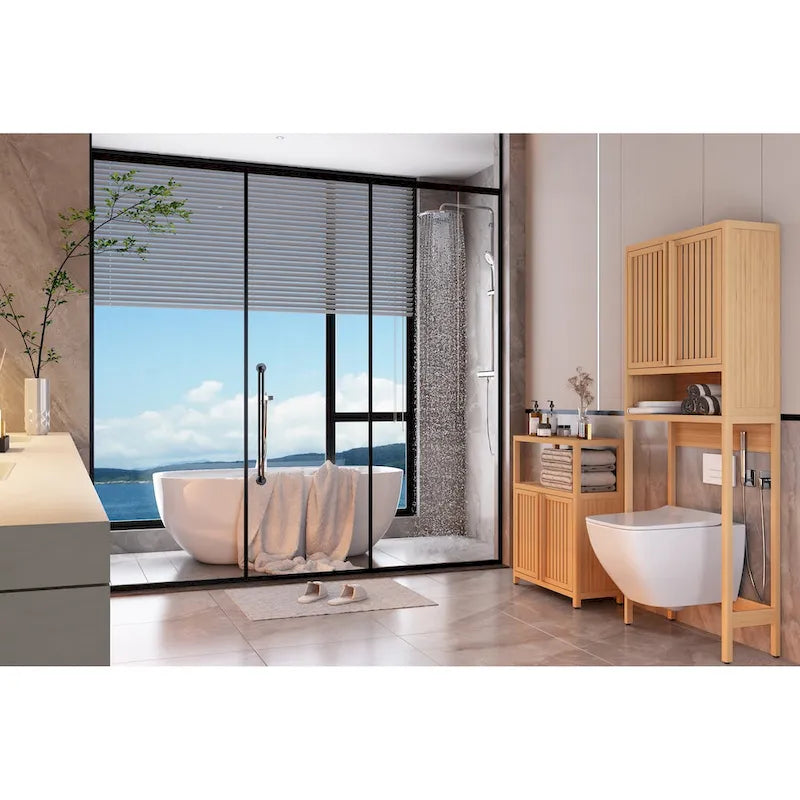 Freestanding Bamboo Storage Cabinet with Louvered Doors Natural Finish