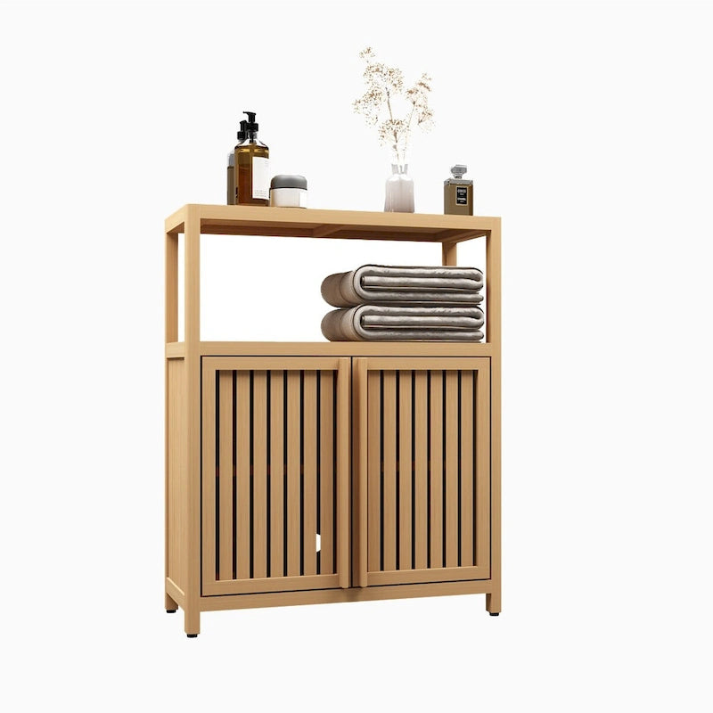 Freestanding Bamboo Storage Cabinet with Louvered Doors Natural Finish